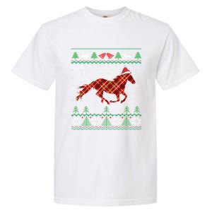 Plaid Race Horse Santa Hat Rancher Equestrian Ugly Christmas Cute Gift Garment-Dyed Heavyweight T-Shirt