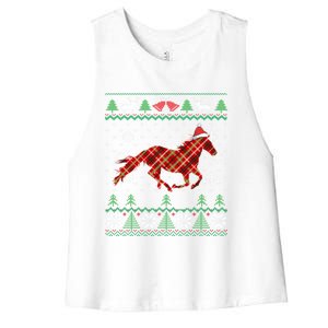 Plaid Race Horse Santa Hat Rancher Equestrian Ugly Christmas Cute Gift Women's Racerback Cropped Tank