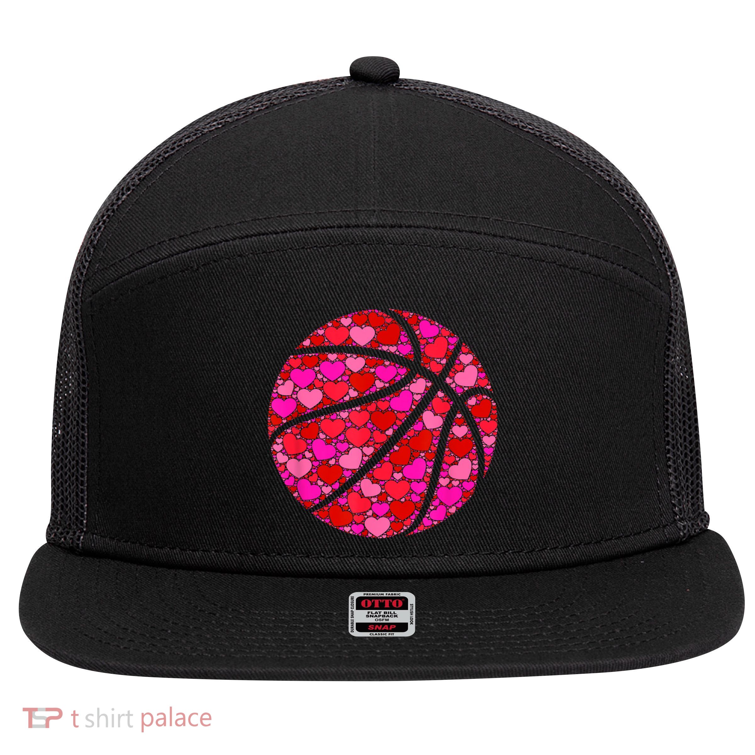 Pink Red Heart Valentines Day Gift Women Girls Basketball 7 Panel Mesh Trucker Snapback Hat
