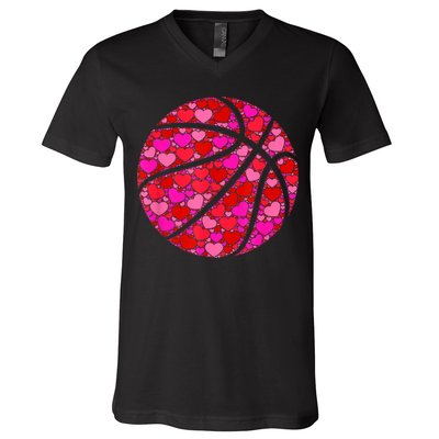 Pink Red Heart Valentines Day Gift Women Girls Basketball V-Neck T-Shirt