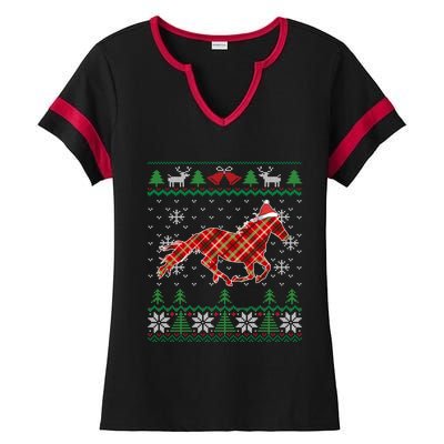 Plaid Race Horse Santa Hat Rancher Equestrian Ugly Christmas Ladies Halftime Notch Neck Tee