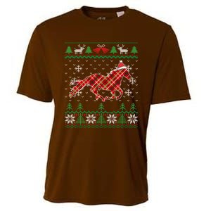 Plaid Race Horse Santa Hat Rancher Equestrian Ugly Christmas Cooling Performance Crew T-Shirt