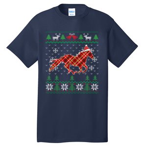 Plaid Race Horse Santa Hat Rancher Equestrian Ugly Christmas Tall T-Shirt