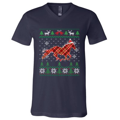 Plaid Race Horse Santa Hat Rancher Equestrian Ugly Christmas V-Neck T-Shirt