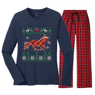 Plaid Race Horse Santa Hat Rancher Equestrian Ugly Christmas Women's Long Sleeve Flannel Pajama Set 