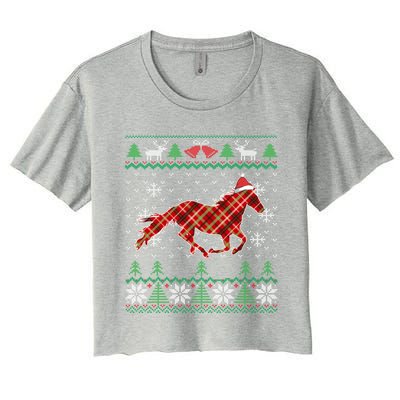 Plaid Race Horse Santa Hat Rancher Equestrian Ugly Christmas Women's Crop Top Tee