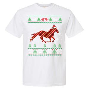 Plaid Race Horse Santa Hat Rancher Equestrian Ugly Christmas Garment-Dyed Heavyweight T-Shirt