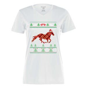 Plaid Race Horse Santa Hat Rancher Equestrian Ugly Christmas Women's Momentum V-Neck T-Shirt