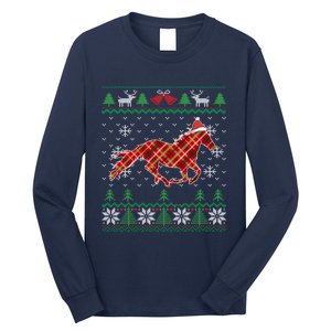 Plaid Race Horse Santa Hat Rancher Equestrian Ugly Christmas Long Sleeve Shirt