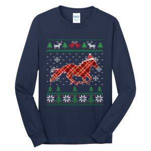 Plaid Race Horse Santa Hat Rancher Equestrian Ugly Christmas Tall Long Sleeve T-Shirt