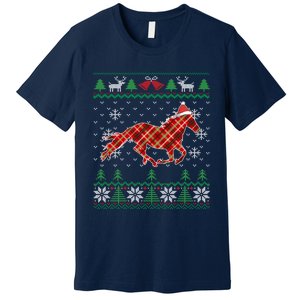 Plaid Race Horse Santa Hat Rancher Equestrian Ugly Christmas Premium T-Shirt