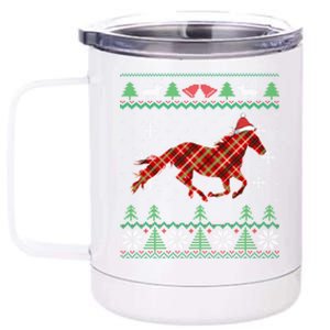 Plaid Race Horse Santa Hat Rancher Equestrian Ugly Christmas Cool Gift 12 oz Stainless Steel Tumbler Cup