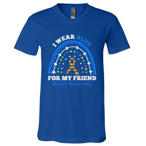 Puzzle Rainbow I Wear Blue For Friend Autism Awareness Month Gift V-Neck T-Shirt