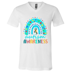 Puzzle Rainbow In April We Wear Blue Autism Awareness Month V-Neck T-Shirt