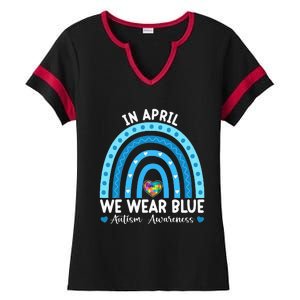 Puzzle Rainbow In April We Wear Blue Autism Awareness Month Ladies Halftime Notch Neck Tee