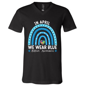 Puzzle Rainbow In April We Wear Blue Autism Awareness Month V-Neck T-Shirt