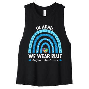 Puzzle Rainbow In April We Wear Blue Autism Awareness Month Women's Racerback Cropped Tank