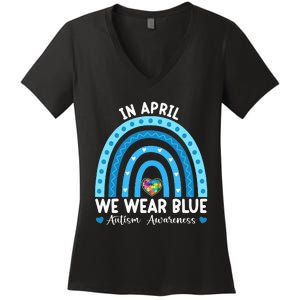 Puzzle Rainbow In April We Wear Blue Autism Awareness Month Women's V-Neck T-Shirt