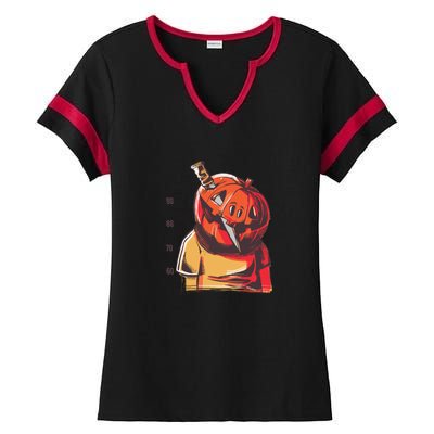 Prisoner Pumpkin Mug Shot Ladies Halftime Notch Neck Tee