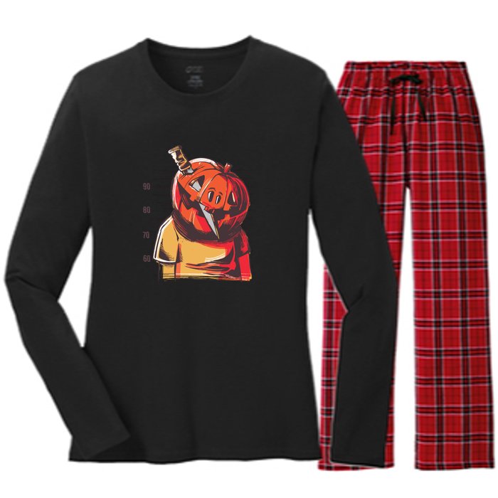 Prisoner Pumpkin Mug Shot Women's Long Sleeve Flannel Pajama Set 