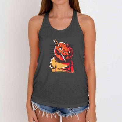 Prisoner Pumpkin Mug Shot Women's Knotted Racerback Tank