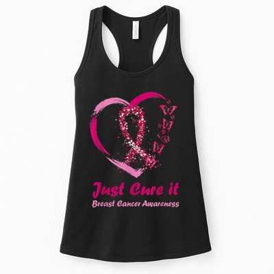 Pink Ribbon Just Cure It Heart Support Breast Cancer Warrior Womens Tank Top