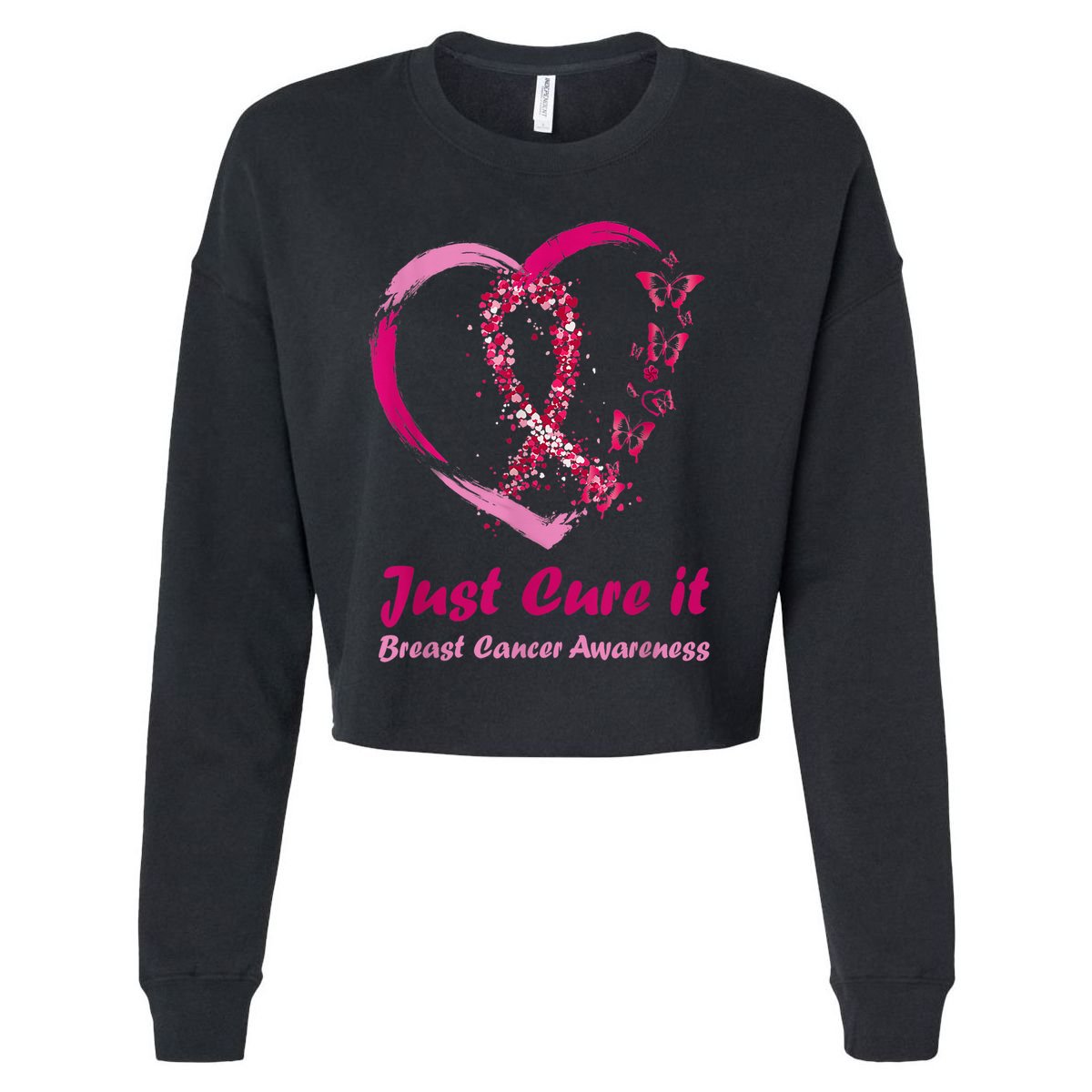 Pink Ribbon Just Cure It Heart Support Breast Cancer Warrior Cropped Pullover Crew