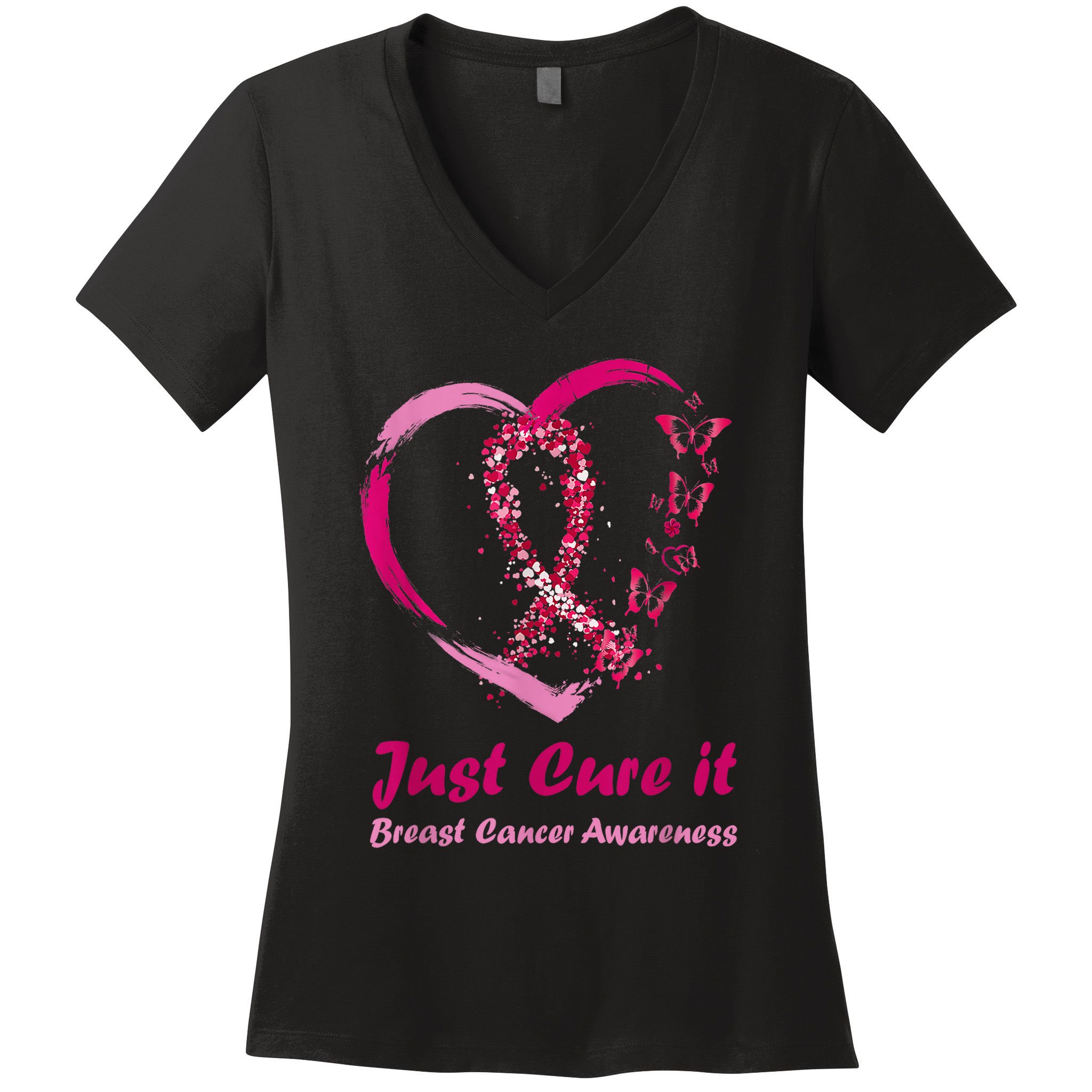 Pink Ribbon Just Cure It Heart Support Breast Cancer Warrior Women's V-Neck T-Shirt