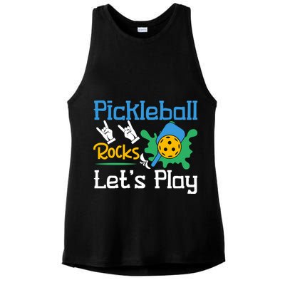 Pickleball Rocks Let's Play For Pickleball Paddleball Ladies PosiCharge Tri-Blend Wicking Tank