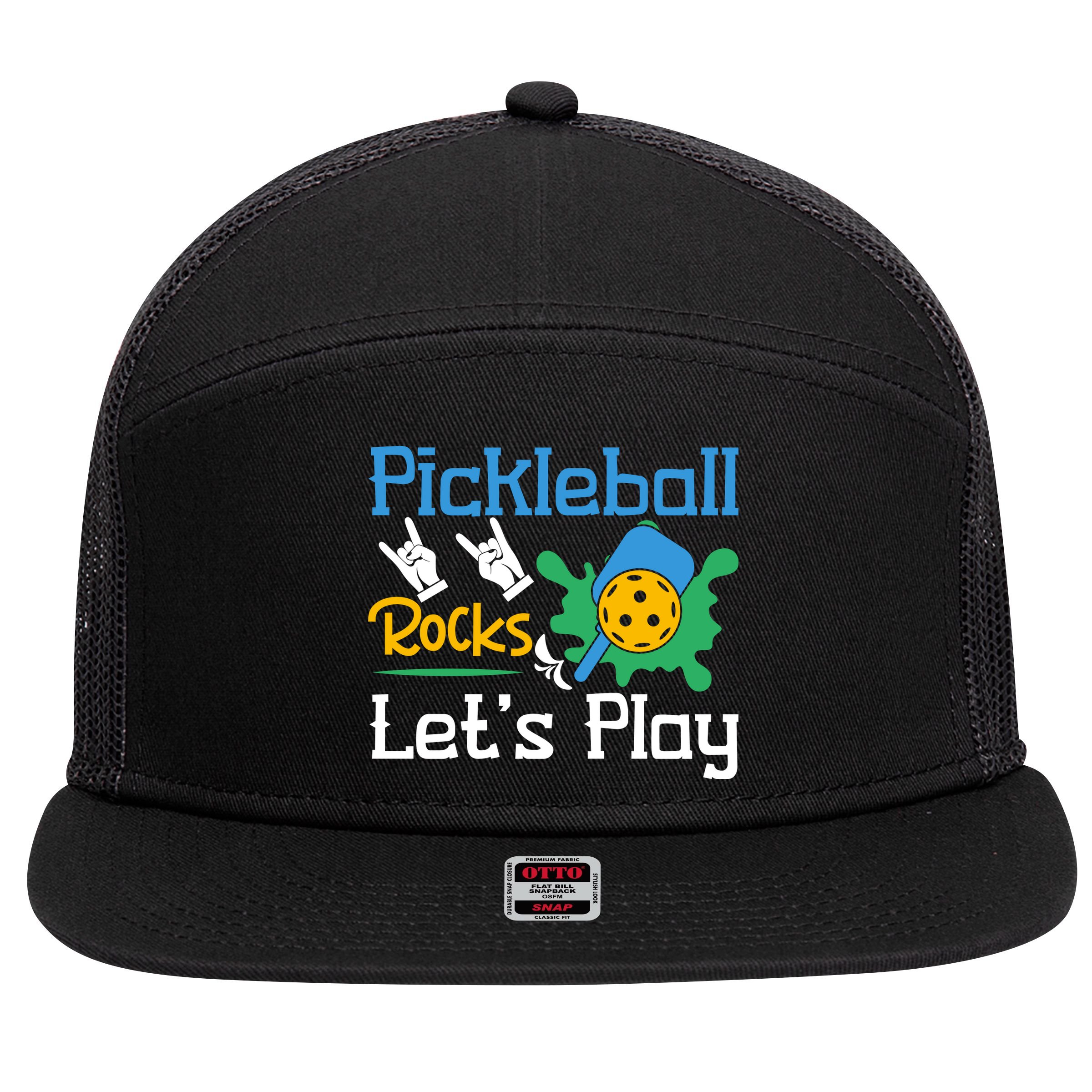 Pickleball Rocks Let's Play For Pickleball Paddleball 7 Panel Mesh Trucker Snapback Hat