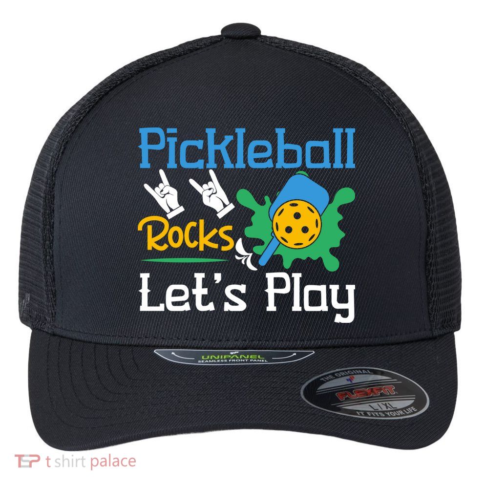 Pickleball Rocks Let's Play For Pickleball Paddleball Flexfit Unipanel Trucker Cap