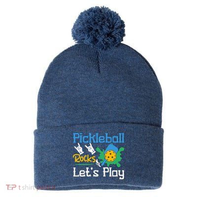 Pickleball Rocks Let's Play For Pickleball Paddleball Pom Pom 12in Knit Beanie