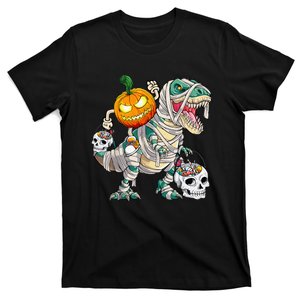 Pumpkin Riding Mummy Dinosaur T Rex Halloween Funny Skeleton T-Shirt