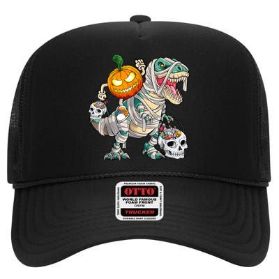 Pumpkin Riding Mummy Dinosaur T Rex Halloween Funny Skeleton High Crown Mesh Back Trucker Hat