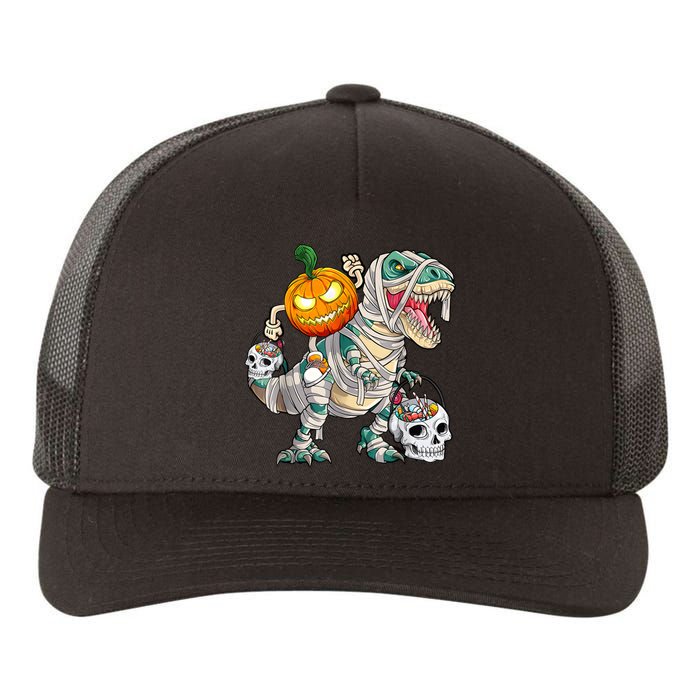 Pumpkin Riding Mummy Dinosaur T Rex Halloween Funny Skeleton Yupoong Adult 5-Panel Trucker Hat