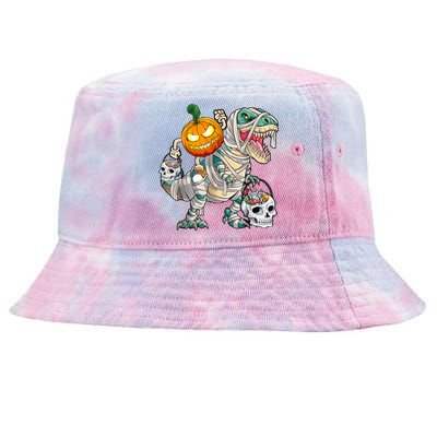 Pumpkin Riding Mummy Dinosaur T Rex Halloween Funny Skeleton Tie-Dyed Bucket Hat