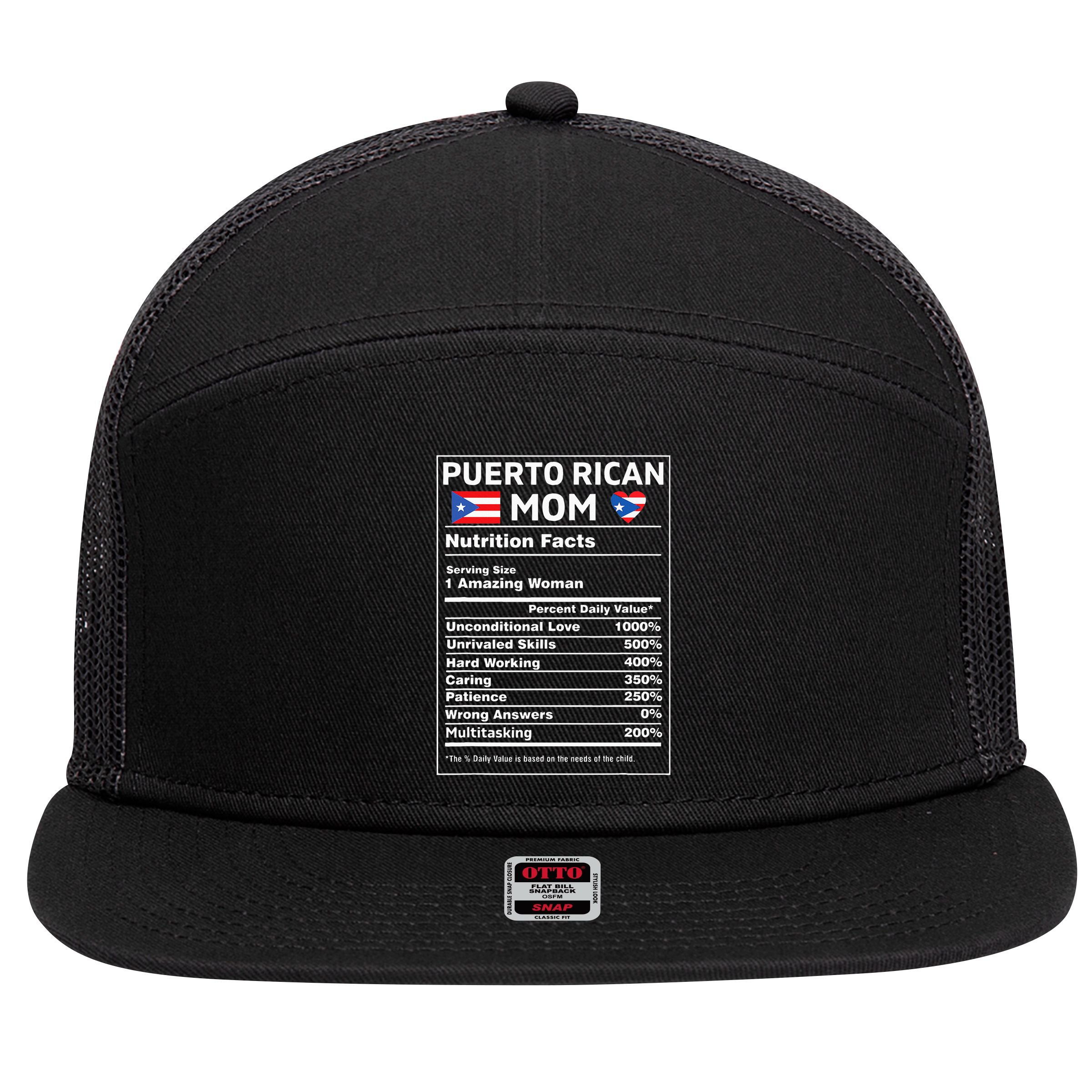 Puerto Rican Mom Nutrition Facts Boricua Puerto Rico Pr Flag 7 Panel Mesh Trucker Snapback Hat
