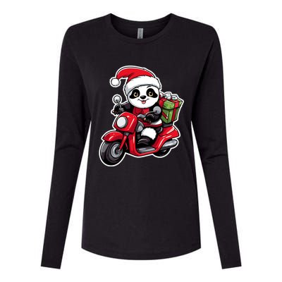 Panda Riding Motorcycle Xmas Holiday Panda Lover Christmas Gift Womens Cotton Relaxed Long Sleeve T-Shirt