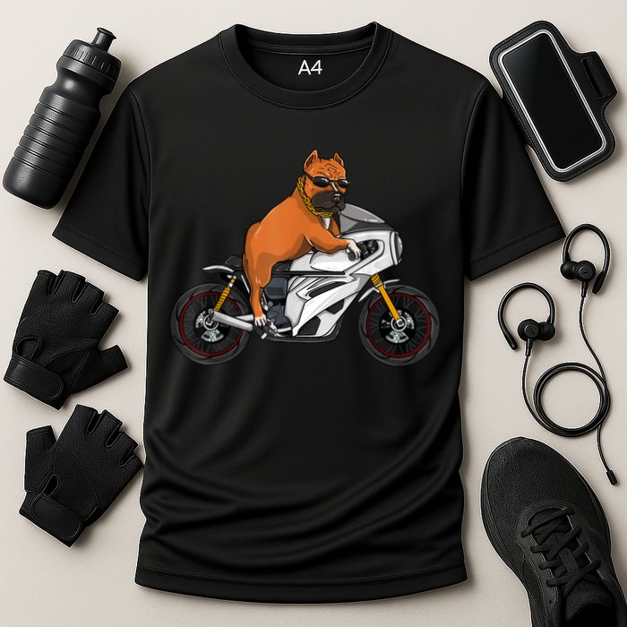 Pitbull Riding Motorcycle Funny Pit Bull Biker Pittie Dog Cooling Performance Crew T-Shirt