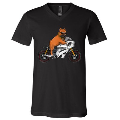 Pitbull Riding Motorcycle Funny Pit Bull Biker Pittie Dog V-Neck T-Shirt