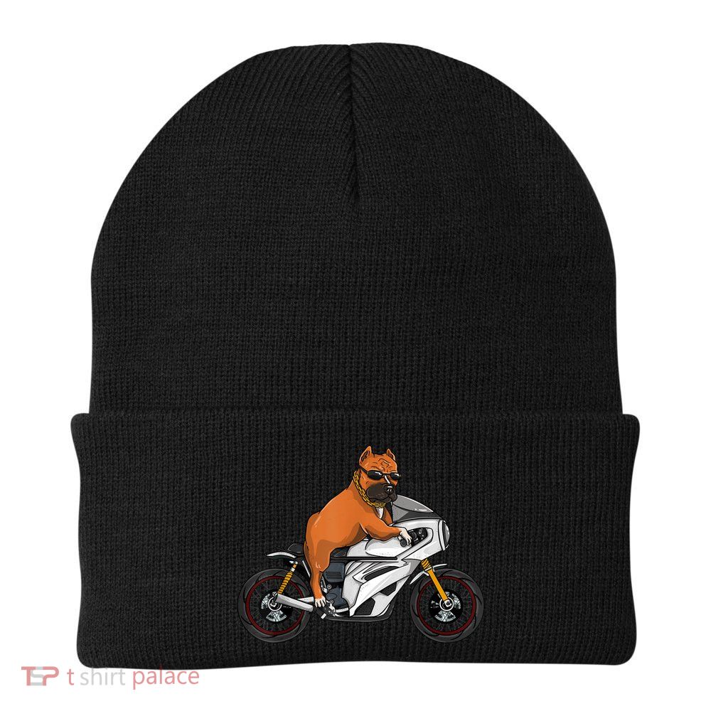 Pitbull Riding Motorcycle Funny Pit Bull Biker Pittie Dog Beanie