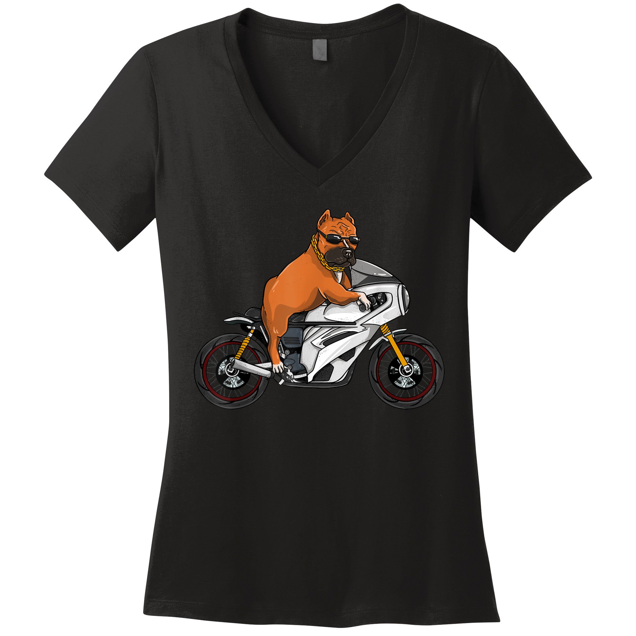 Pitbull Riding Motorcycle Funny Pit Bull Biker Pittie Dog Women's V-Neck T-Shirt