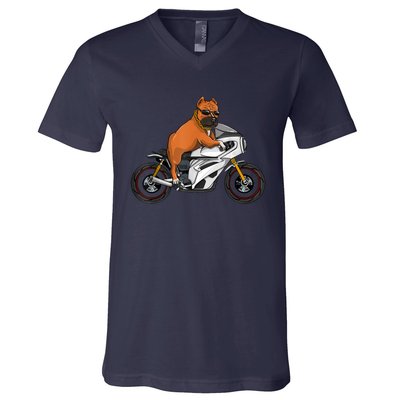 Pitbull Riding Motorcycle Funny Pit Bull Biker Pittie Dog V-Neck T-Shirt