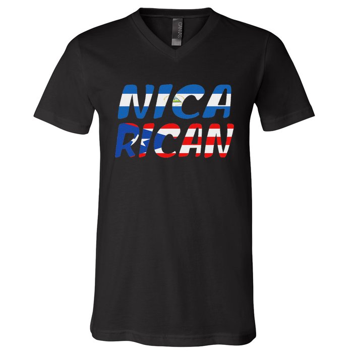 Puerto Rico & Nicaragua Nica Heritage Puerto Rican Flag V-Neck T-Shirt