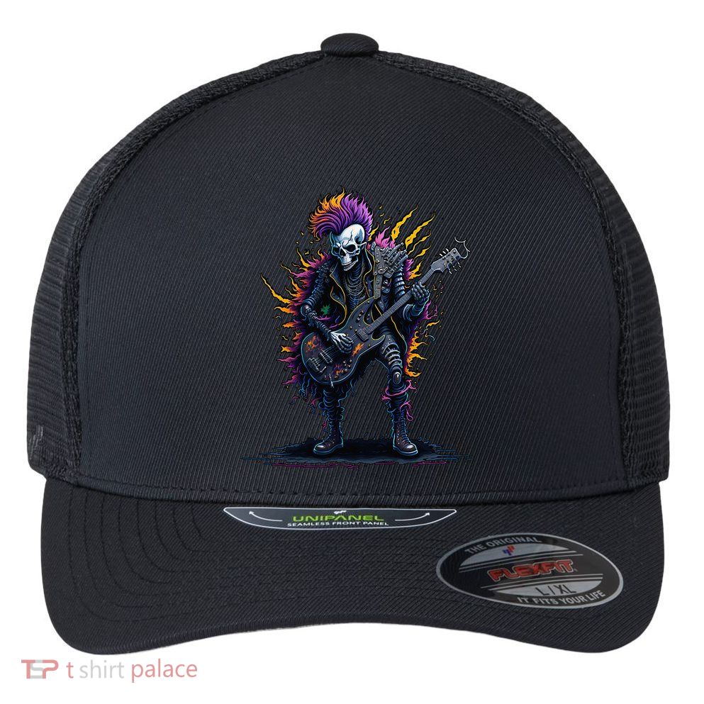 Punk rock n roll skeleton Flexfit Unipanel Trucker Cap