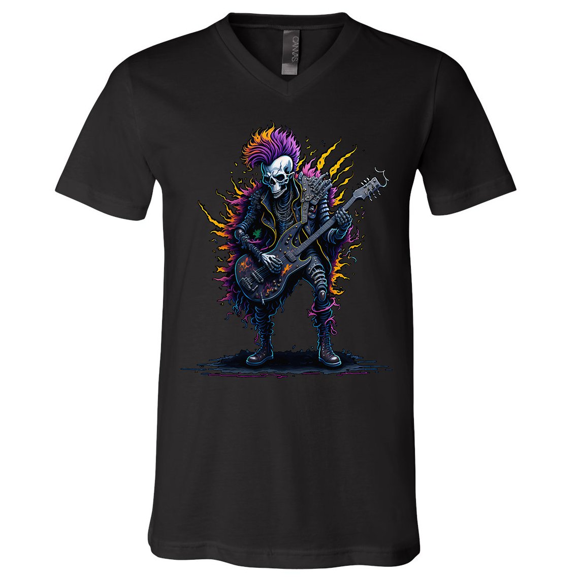Punk rock n roll skeleton V-Neck T-Shirt