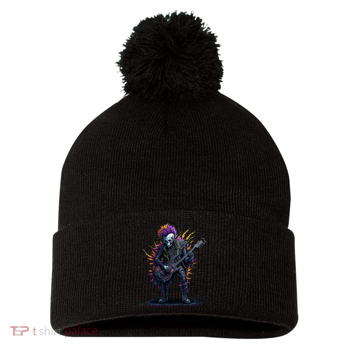 Punk rock n roll skeleton Pom Pom 12in Knit Beanie