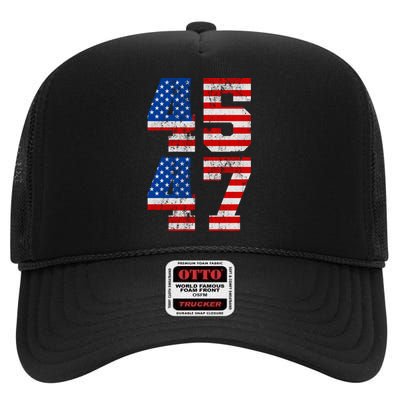 Pro Trump Election 2024 Vintage 45 47 USA Flag High Crown Mesh Back Trucker Hat