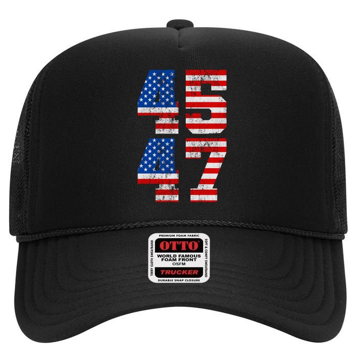 Pro Trump Election 2024 Vintage 45 47 USA Flag High Crown Mesh Back Trucker Hat