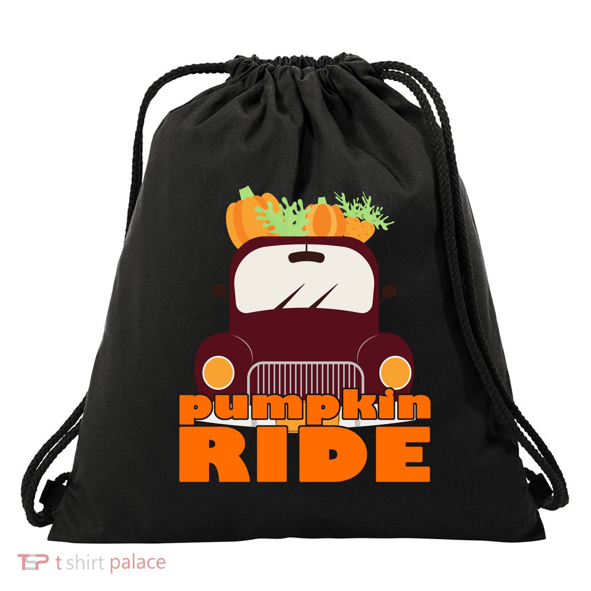 Pumpkin Ride October Fall Drawstring Bag